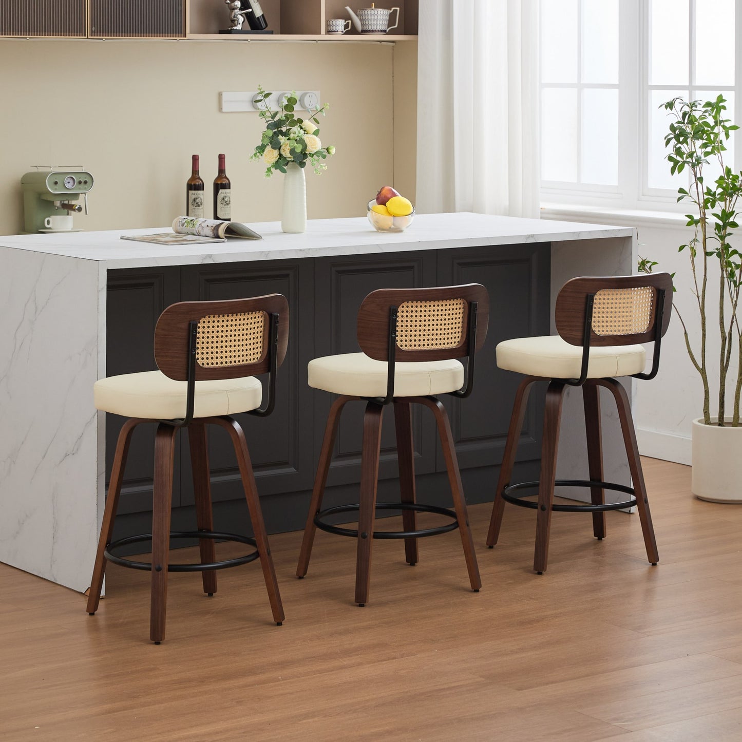 Set of 3 Counter Height Bar Stools - 26 inch Rattan Counter Height Stools with Cane Back, Upholstered Seat, Walnut Craftsmanship, Swivel Counter Stools for Island/Kitchen/Counter/Bar (Walnut /Beige)  W1143P300158
