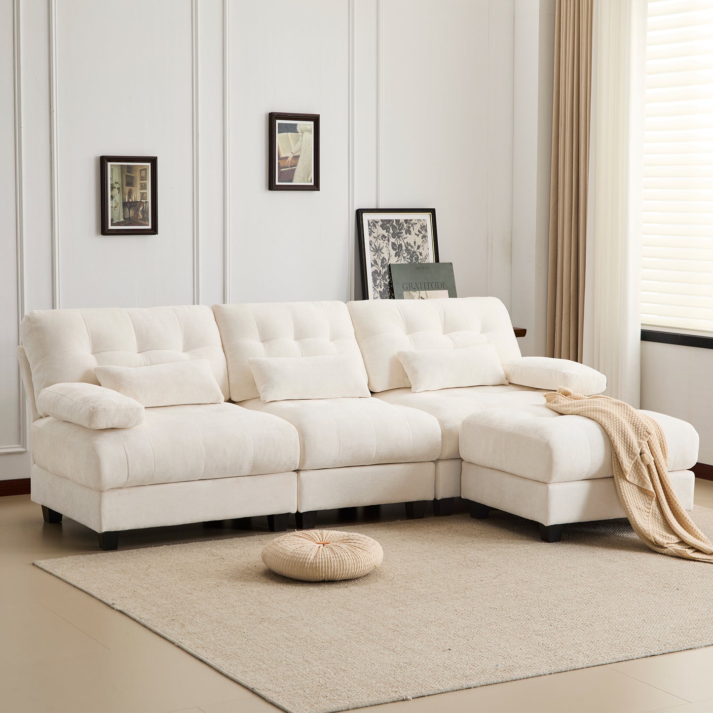 93' 3+1 Seater Sofa with Ottoman - 4-Position Adjustable Backrest, 350lb/Seat, Soft Chenille Fabric, 3 Throw Pillows, Easy Assembly W2606S00039