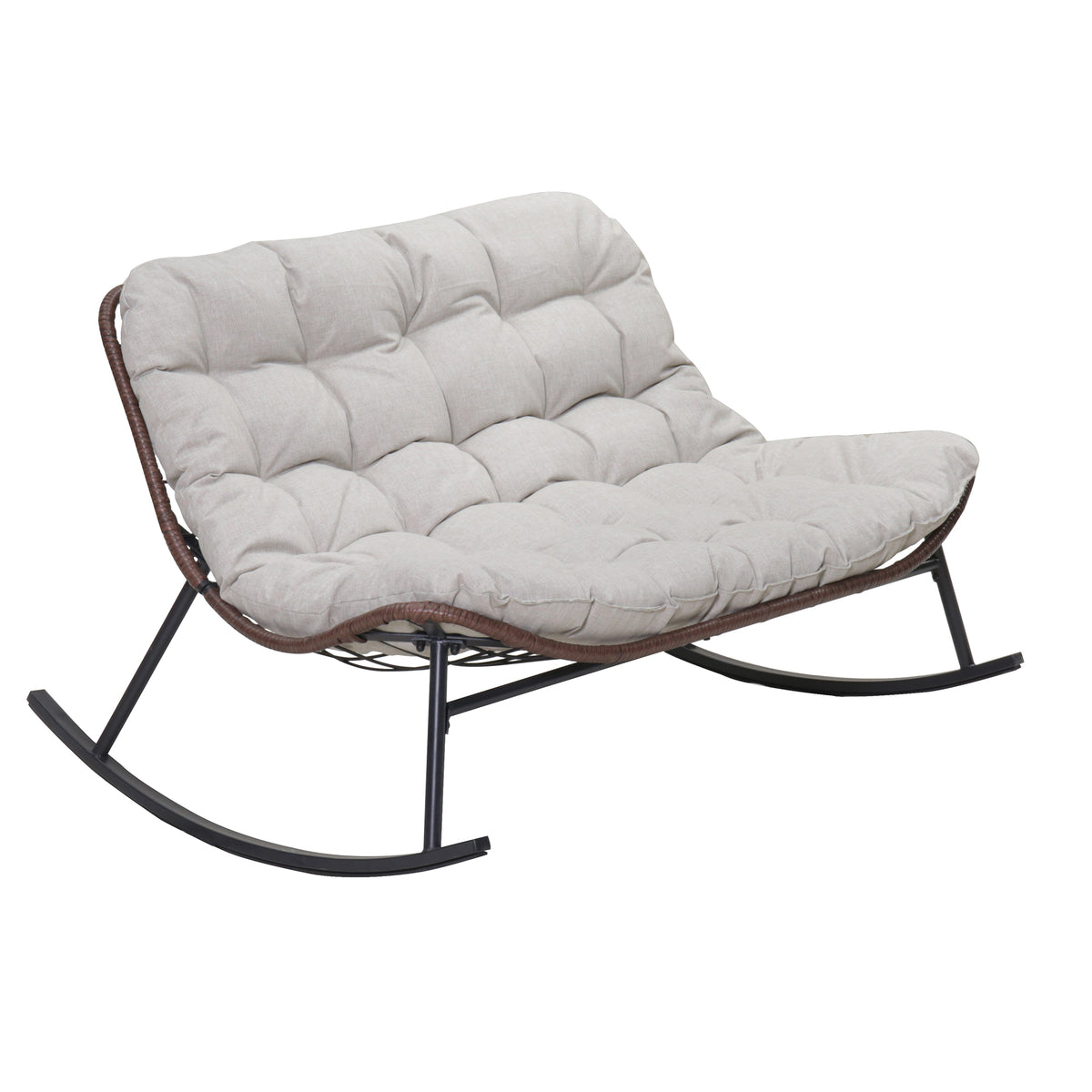Double Wide Rocking Papasan Chair in Acacia Wood and Beige with Steel Frame, 2-Person Outdoor Lounge Seating  W3990P423123