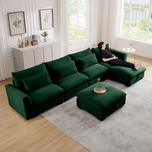 Big Deep Seat U-Shaped Corduroy Sectional Couches for Living Room, 4 Seater Sofa Couch with 2 Storage Footstool and 4 Waist Pillows (Corduroy, Green) W714S00674