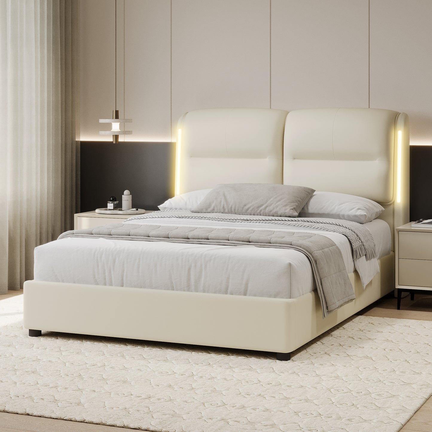 Upholstered Queen Size Hydraulic Platform Bed with Lift Up Storage and Sensor LED Lights,PU Leather Bed Frame No Box Spring Needed, Cream  BS701P240075A