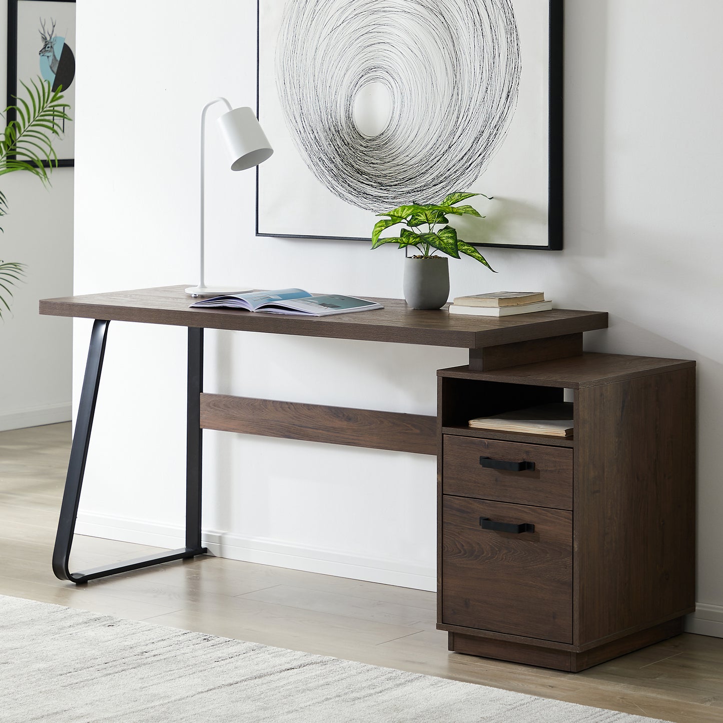 Home Office Computer Desk with Drawers/Hanging Letter-size Files, 65 inch Writing Study Table with Drawers  WF195577AAD