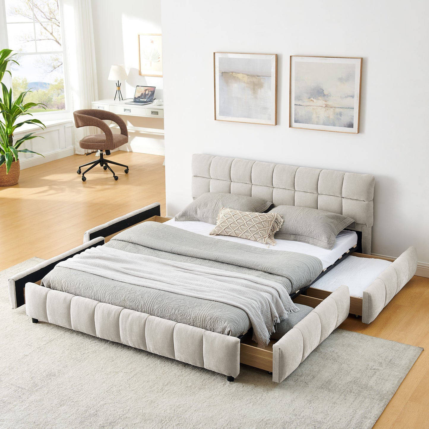 Queen Size Upholstered Bed ,comfortable upholstered bed frame, Chenille fabric, with headboard and solid bed frame. With drawer for storage.-Beige(88.5''*68.5''*31'')  W487S00395
