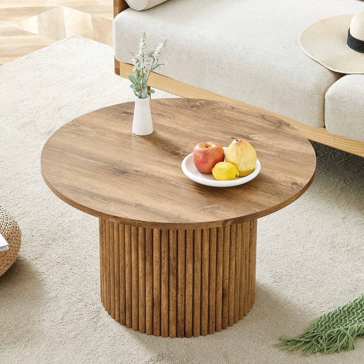 A modern circular coffee table with a diameter of 27.5 inches interprets home aesthetics and practicality. MDF material,cylindrical table leg design.Becoming the visual focal point of home decoration.  W1151P268654