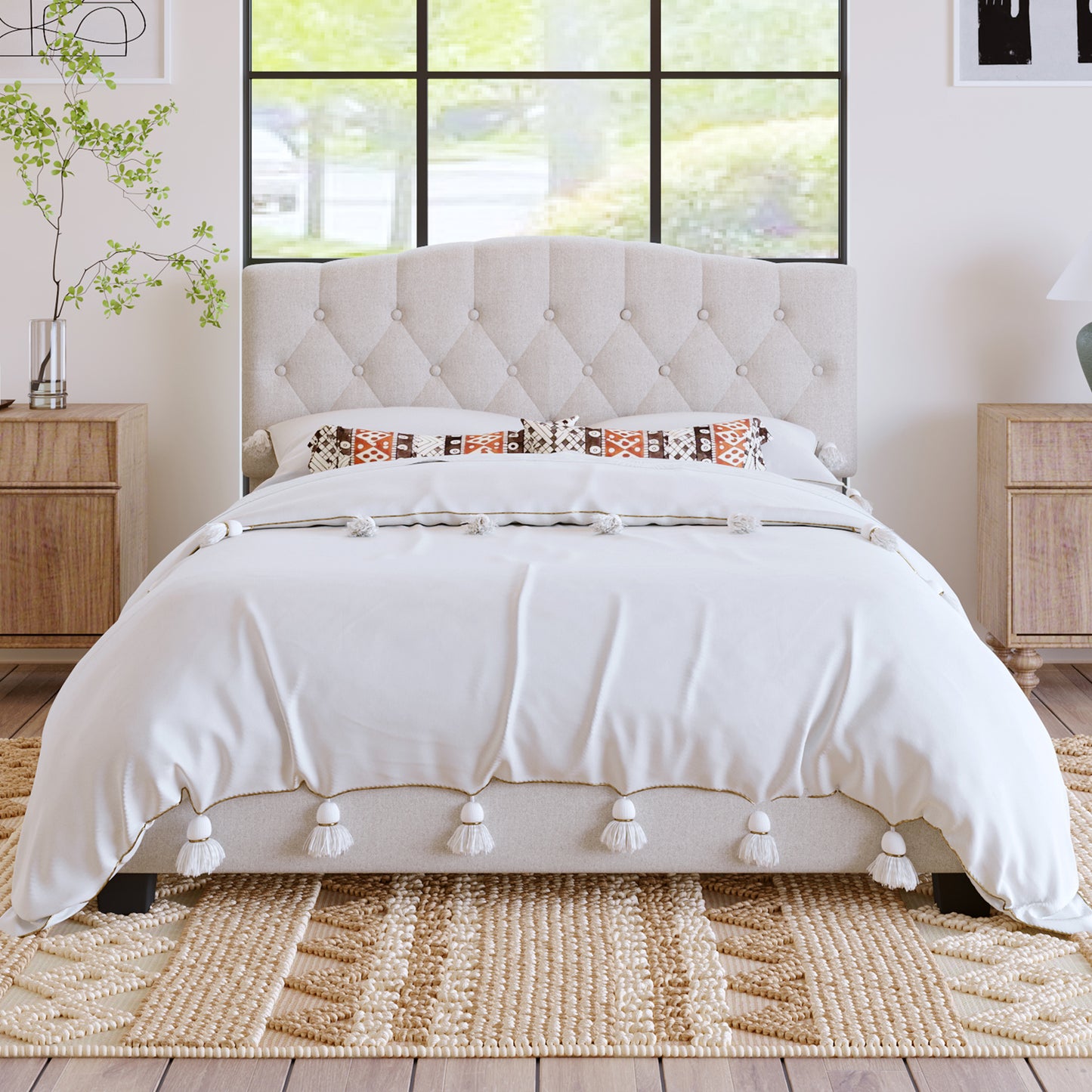 Upholstered Platform Bed with Saddle Curved Adjustable Headboard and Diamond Tufted Details,Wooden Slats and Metal Support, No Box Spring Needed,Queen, Beige  N701P342915B