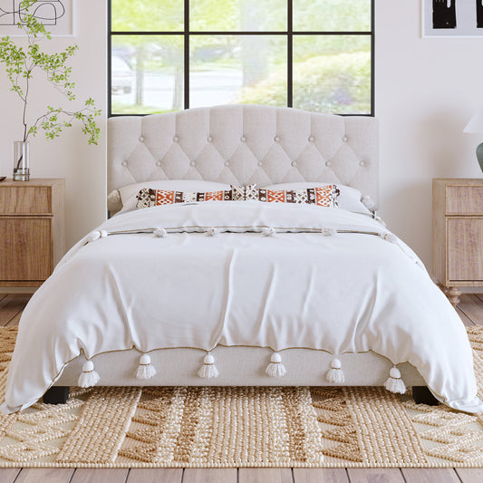 Upholstered Platform Bed with Saddle Curved Adjustable Headboard and Diamond Tufted Details,Wooden Slats and Metal Support, No Box Spring Needed,Queen, Beige  N701P342915B
