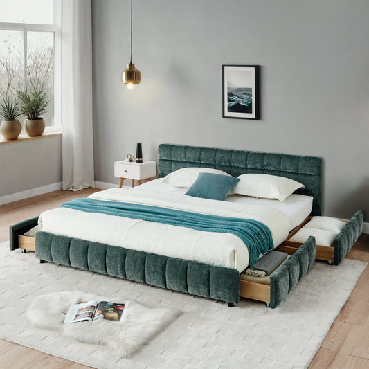 California King size Upholstered Bed ,comfortable upholstered bed frame, Chenille fabric, with headboard and solid bed frame. With drawer for storage.-Blue Green(90.5''*80.5''*31'')  W487P311314