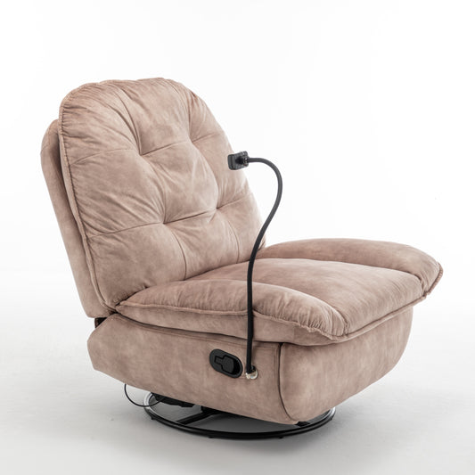 Modern Natural Brown Swivel Gliding Recliner Chair with Rocking Function and Phone Holder – Large Comfortable Reading Chair in Gold-Stamped Velvet  W1170P183282