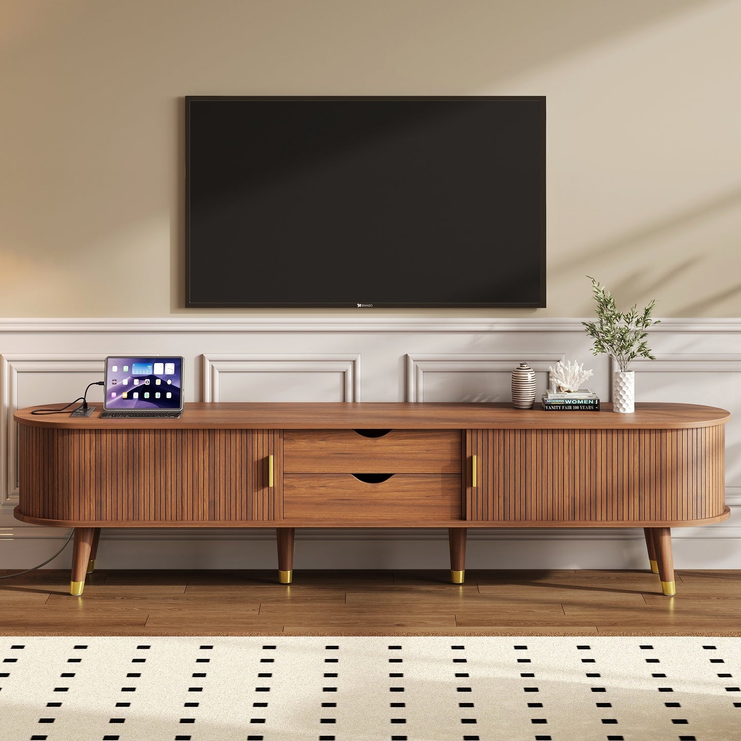 [Assembly Video]Wooden Oval Fluted TV Stand with Charging Station for TV up to 80', Mid-Century Media Console with Sliding Tambour Door, Farmhouse TV Cabinet with Golden Handle for Living Room, Walnut N721P297567D