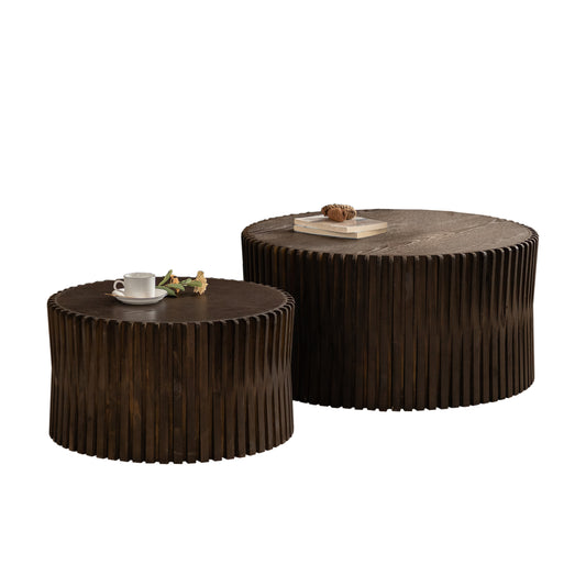 Vintage Style Cylindrical Nesting Coffee Table Set with Textured Embossed Design in Dark Brown, MDF+Fir, Set of 2 W757P195739
