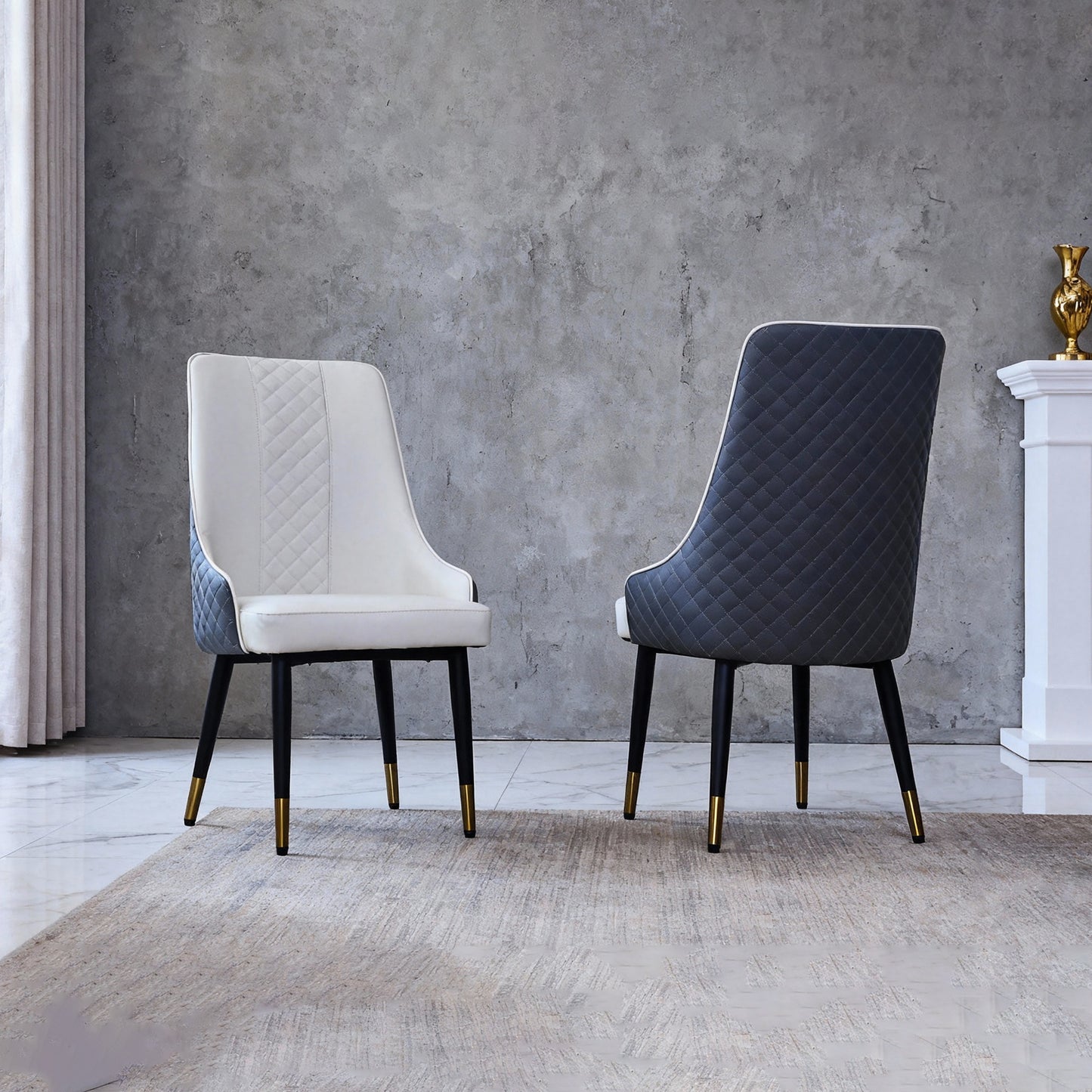 Modern PU Leather Dining Chairs – Ergonomic High-Back Kitchen Chairs with Carbon Steel Legs, Waterproof & Easy Clean, for Living Room, Restaurant, Office (Set of 2, Blue-White) W2699P401053