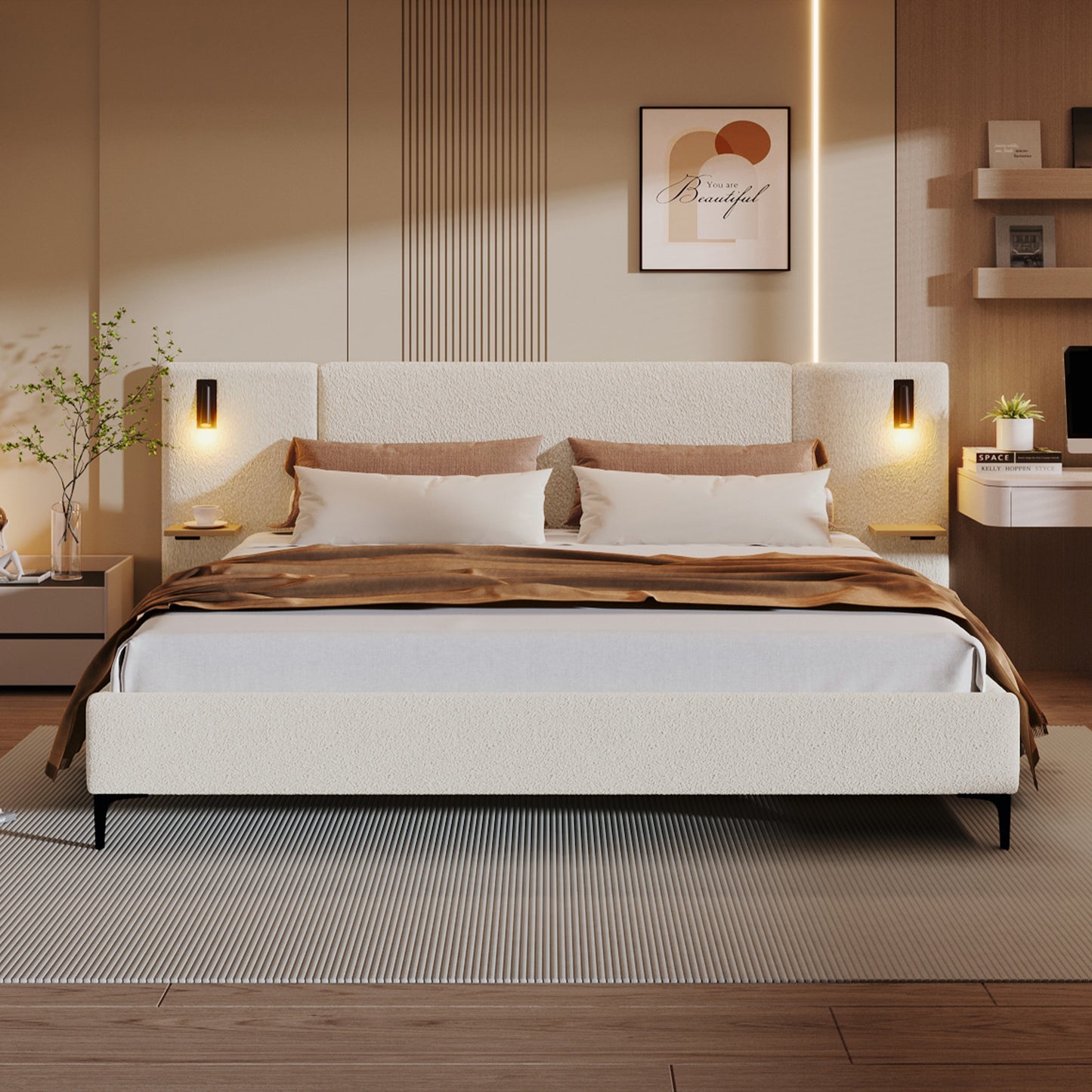 Chic Boucle Upholstered Bed with Integrated Lights and Shelves, White, King  N769P264787K