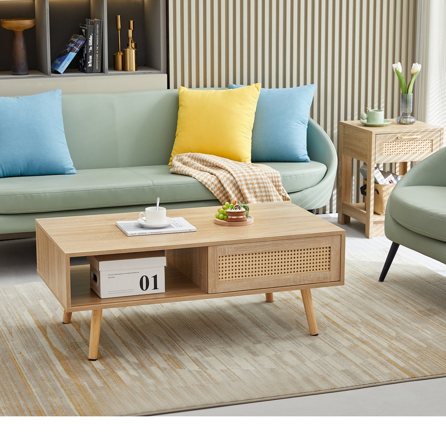 41.34' Rattan Coffee table, sliding door for storage, solid wood legs, Modern table  for living room , natural  W126573113