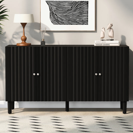 U_STYLE Elegant Four-Door Sideboard with Wavy Pattern Doors, Cylindrical Legs, and Sleek Metal Handles, Adjustable, Suitable for Study, Entryway and Living Room  N711P186790B