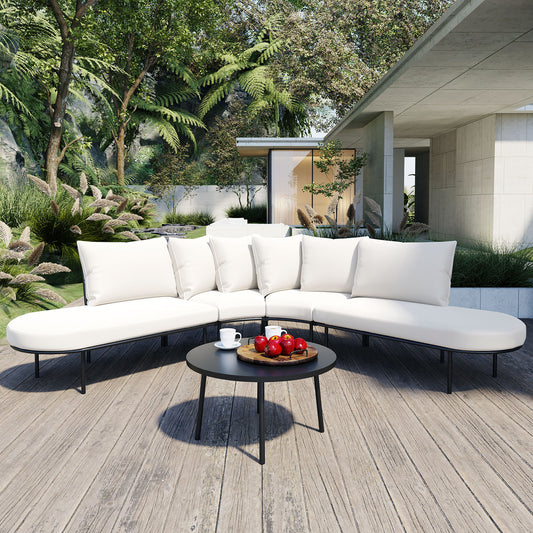 GO Patio Half- Moon Curved Outdoor Furniture Sofa Set with Coffee Table, All Weather Iron Frame Outdoor Indoor Conversation Set for 6 People, Padded Seats and Backrest Cushions for Garden, Beige  N704G201250A