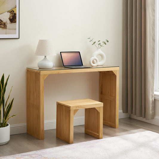 Pine Dining Bench and Table, Indoor Wood Bench for Entryway,Living Room,Kitchen and Bedroom Table and Bench Set (Nature, Bench & Table) Small Tempered glass included  W2275P192310