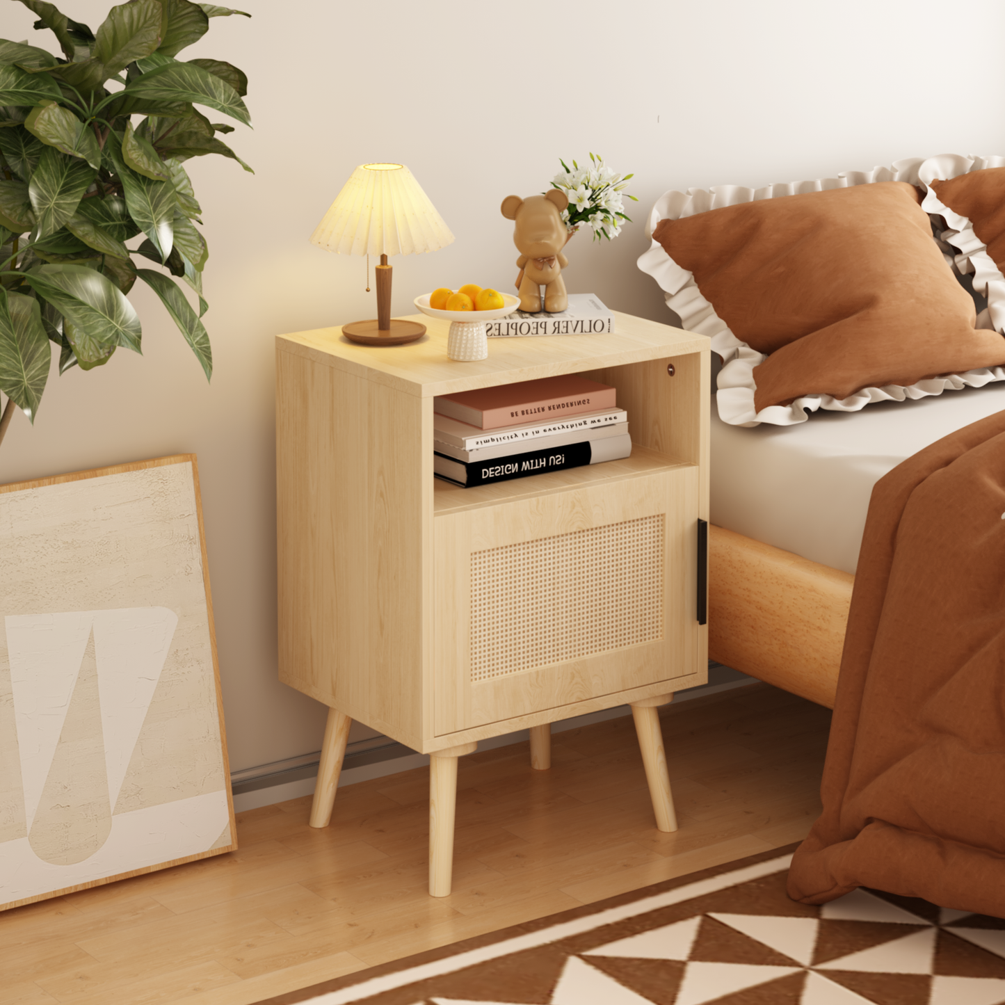22.83'' H Rattan Nightstand, Side Table with Door Open Shelf,  Accent Bedside End Table with Solid Wood Legs for Bedroom, Dorm and Small Spaces, Oak W808P212700
