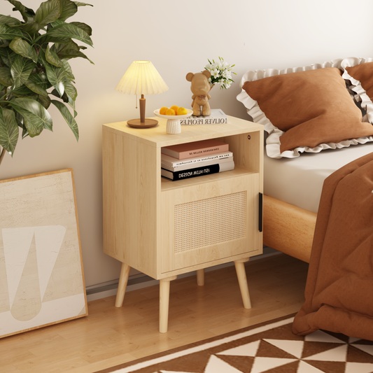 22.83'' H Rattan Nightstand, Side Table with Door Open Shelf,  Accent Bedside End Table with Solid Wood Legs for Bedroom, Dorm and Small Spaces, Oak W808P212700