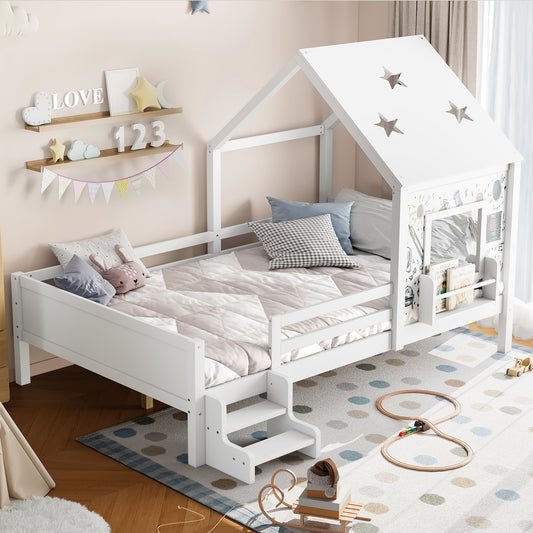 Full House Beds with Low-Profile Stairs and a Window, Solid Wood House Platform Bed with a Bookcase, Blackboard Design, and Cute Star-shape Roof, No Box Spring Needed, White W1580S00295