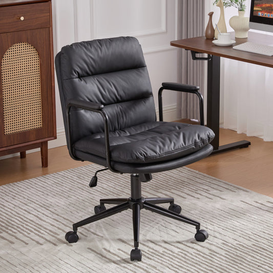 Office Chair,Mid Back Home Office Desk Task Chair with Wheels and Arms Ergonomic PU Leather Computer Rolling Swivel Chair with Padded Armrest,The back of the chair can recline 40° (Black),SW1741BK  W1143P373974