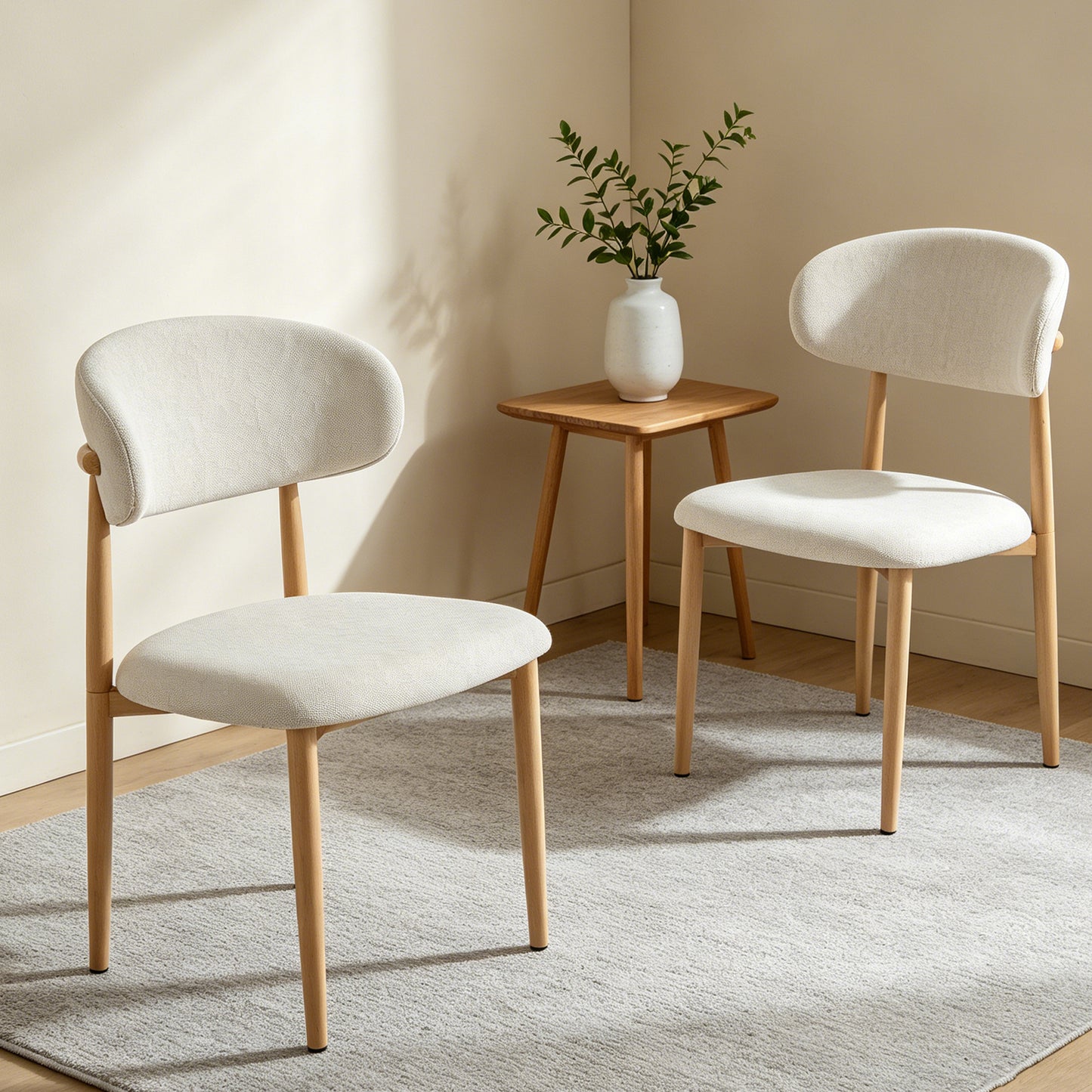 Dining chair 2-piece set. Suitable for kitchen dining table. Medieval modern farmhouse soft cushioned linen dining chairs in natural wood color with metal legs, beige seat cushion.  W3590P457154