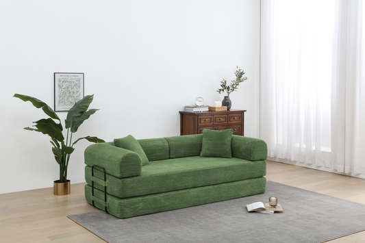 Convertible Sleeper Sofa Bed with Cylindrical Pillow - Corduroy Folding Mattress Couch with Fixed-Shape Frame for Living Room, Bedroom, Lounge, Studio - OLIVE GREEN  W3199P322614