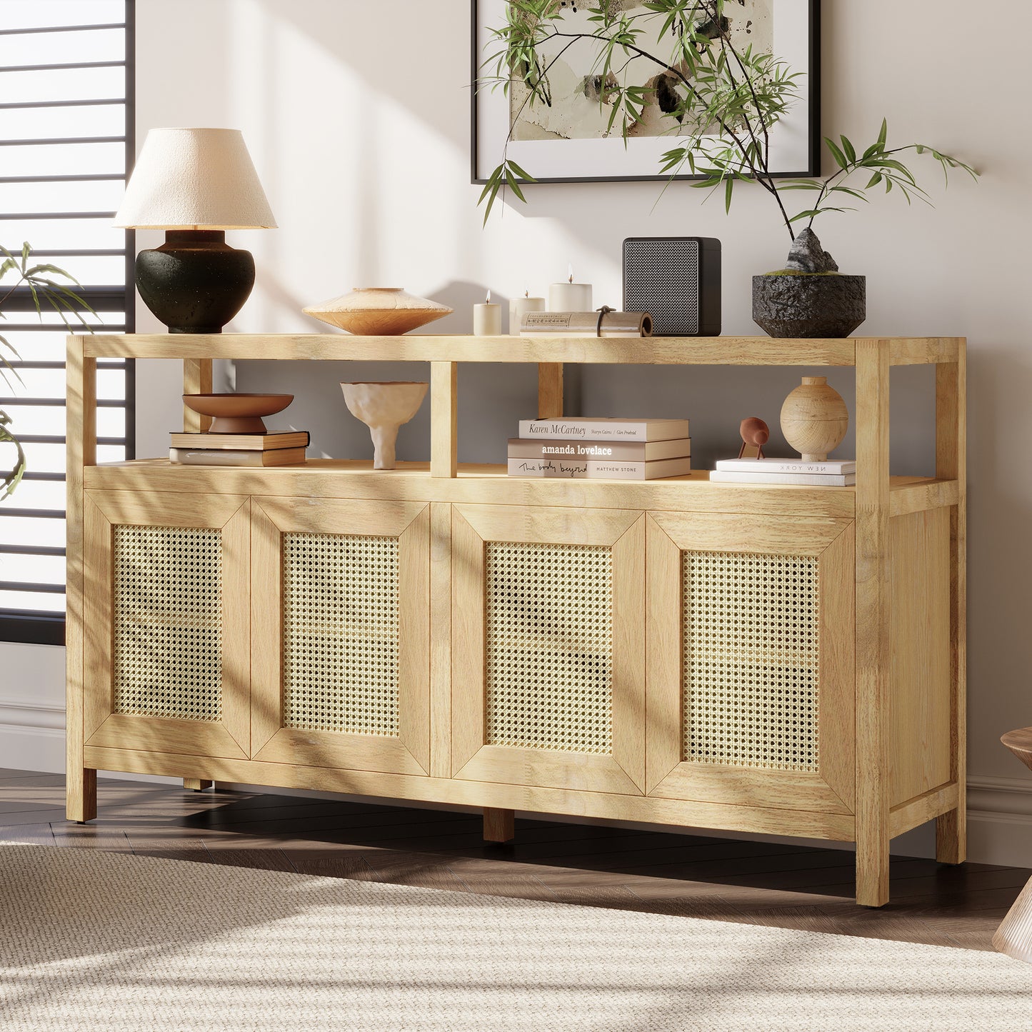 TREXM Bohemian Style Rattan Buffet Storage Cabinet with Solid Wood Frame, Sideboard with 3-position Adjustable Shelves for Living & Dining Rooms, No-Handle Push-to-Open Design (Natural)  N715P290093N