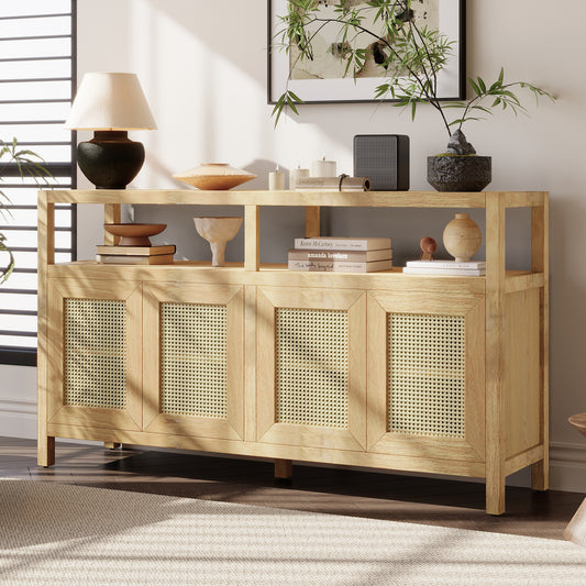 TREXM Bohemian Style Rattan Buffet Storage Cabinet with Solid Wood Frame, Sideboard with 3-position Adjustable Shelves for Living & Dining Rooms, No-Handle Push-to-Open Design (Natural)  N715P290093N
