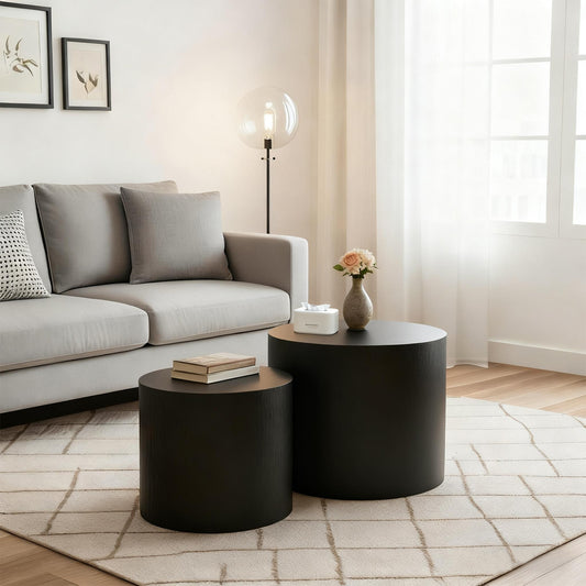 Nesting Coffee Table Set of 2, Modern Round Coffee Table with Non-Slip Feet, Wood Side Table for Living Room, Bedroom, Office, Balcony, Terrace,Small Space, No Assembling, Matte Black  W3204P390985