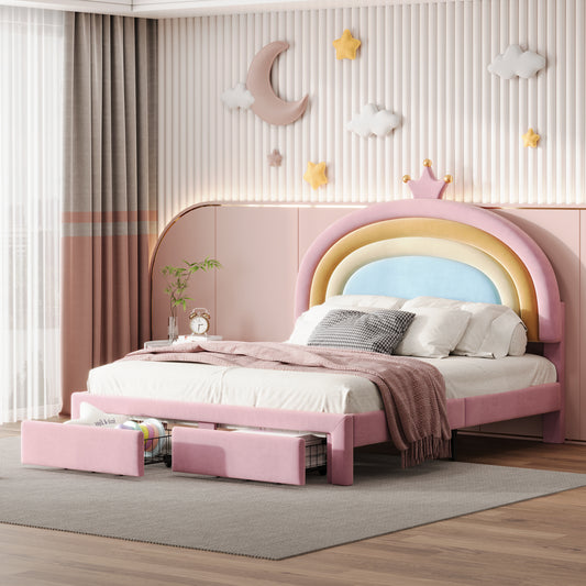 Full Size Upholstered Rainbow Design Bed, Velvet Princess Platform Bed with Storage Drawer, No Box-spring Needed,Colorful&Pink N733P234609H