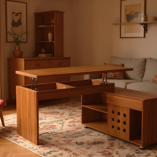 55.1''L, Home Office L-Shaped Versatile Desk Height Adjustable Extendable Desk with Storage Drawers and Cabinet, Walnut, Free Cushion  N843P293669W
