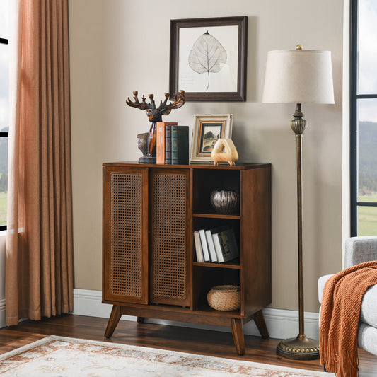 Mid Century Modern Rattan Sideboard Cabinet, Buffet Cabinet for Entryway Hallway Living Room Kitchen Dining Room, Adjustable Shelf & Solid Wood Feet & Rattan Cabinet Doors - Dark Wood W1801P195630