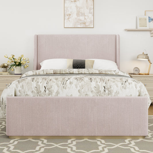 Queen Size Corduroy Upholstered Bed Frame with Vertical Stripe Wingback Headboard and High Footboard, Pink  N701P201393P