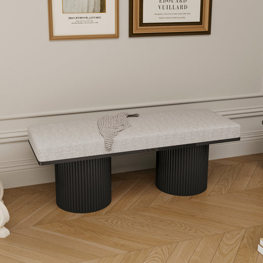 Upholstered Bench with Black Chunky Legs Light Grey Boucle Fabric Contemporary Style Bed-end Bench for Bedroom Living Room  W1435S00002