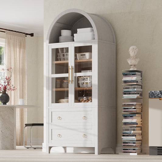 K&K 71' Tall Arched Kitchen Pantry Cabinet with 2 Large Drawers, Modern Farmhouse Kitchen Storage Cabinets with Adjustable Shelves, Glass Door, Wood Versatile Cupboard for Kitchens, Dining Room, White N707P288972W