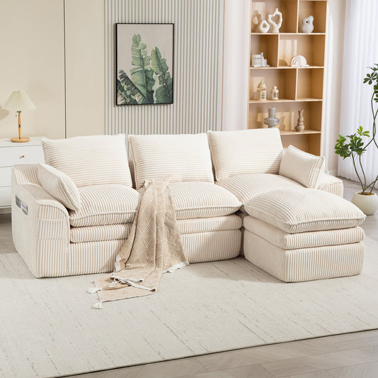 L Shaped Compressed Modular Sectional Sofa Modern Corduroy Upholstered Boneless Couches with Movable Footstool,With Three Pillows and Two Lumbar Pillows,Detachable Cloud Seat Cushions W395S00141