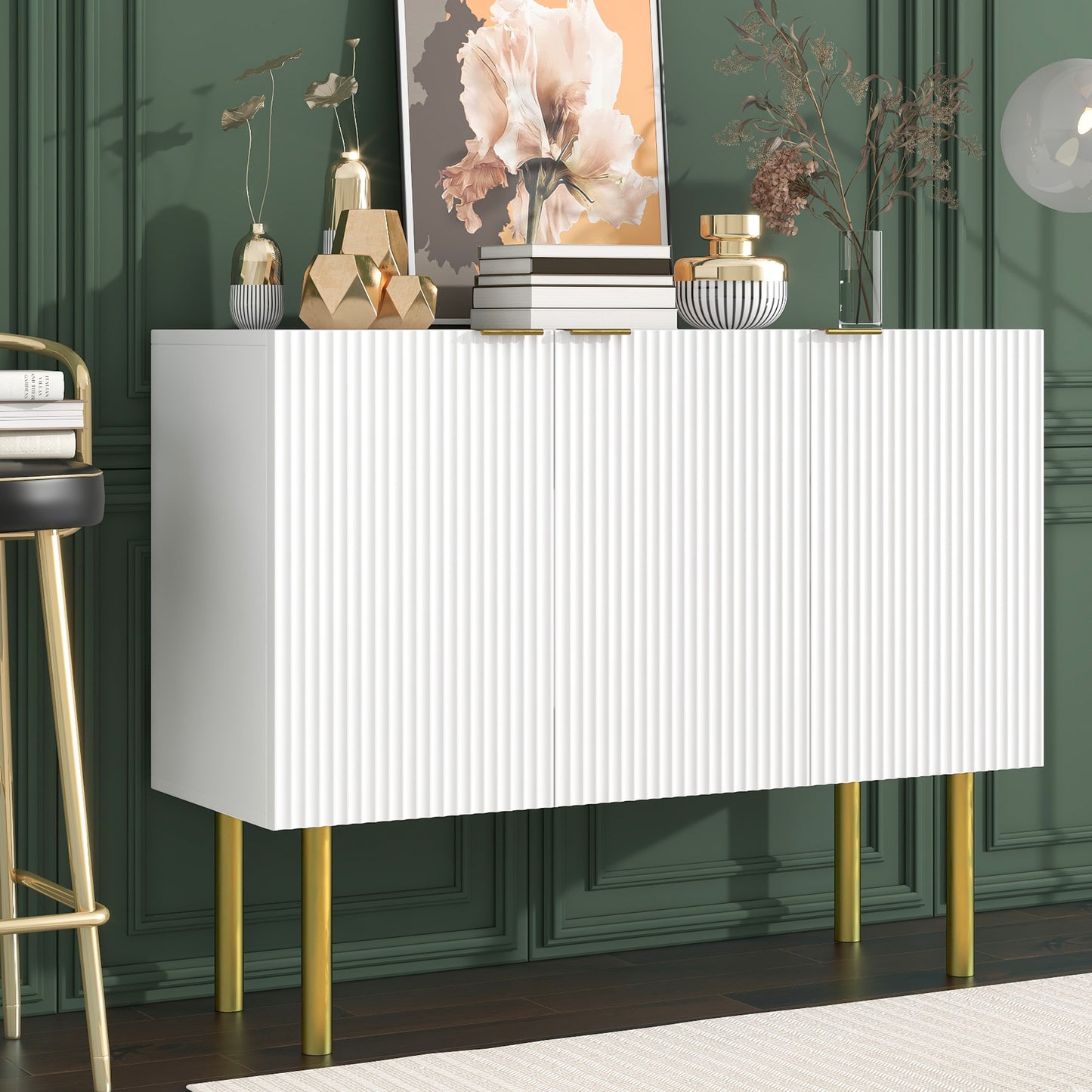 TREXM Modern Simple & Luxury Style Sideboard Particle Board & MDF Board Cabinet with Gold Metal Legs & Handles, Adjustable Shelves for Living Room, Dining Room (White)  WF295369AAK